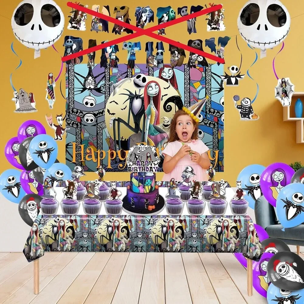 The Nightmare Before Christmas Party Decor Cupcake Toppers Backdrop Tablecloth